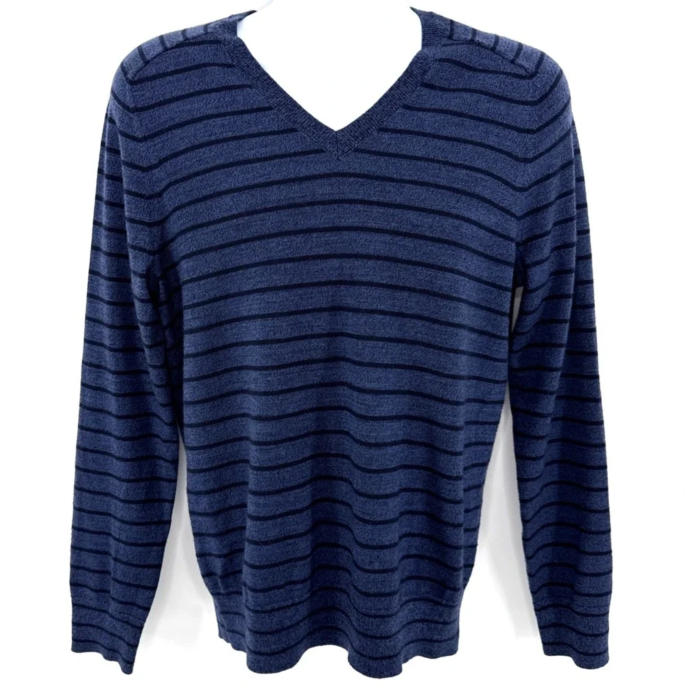 Banana Republic Sweater Men's‎ M Fine Italian Merino Wool Blue Stripe V-Neck